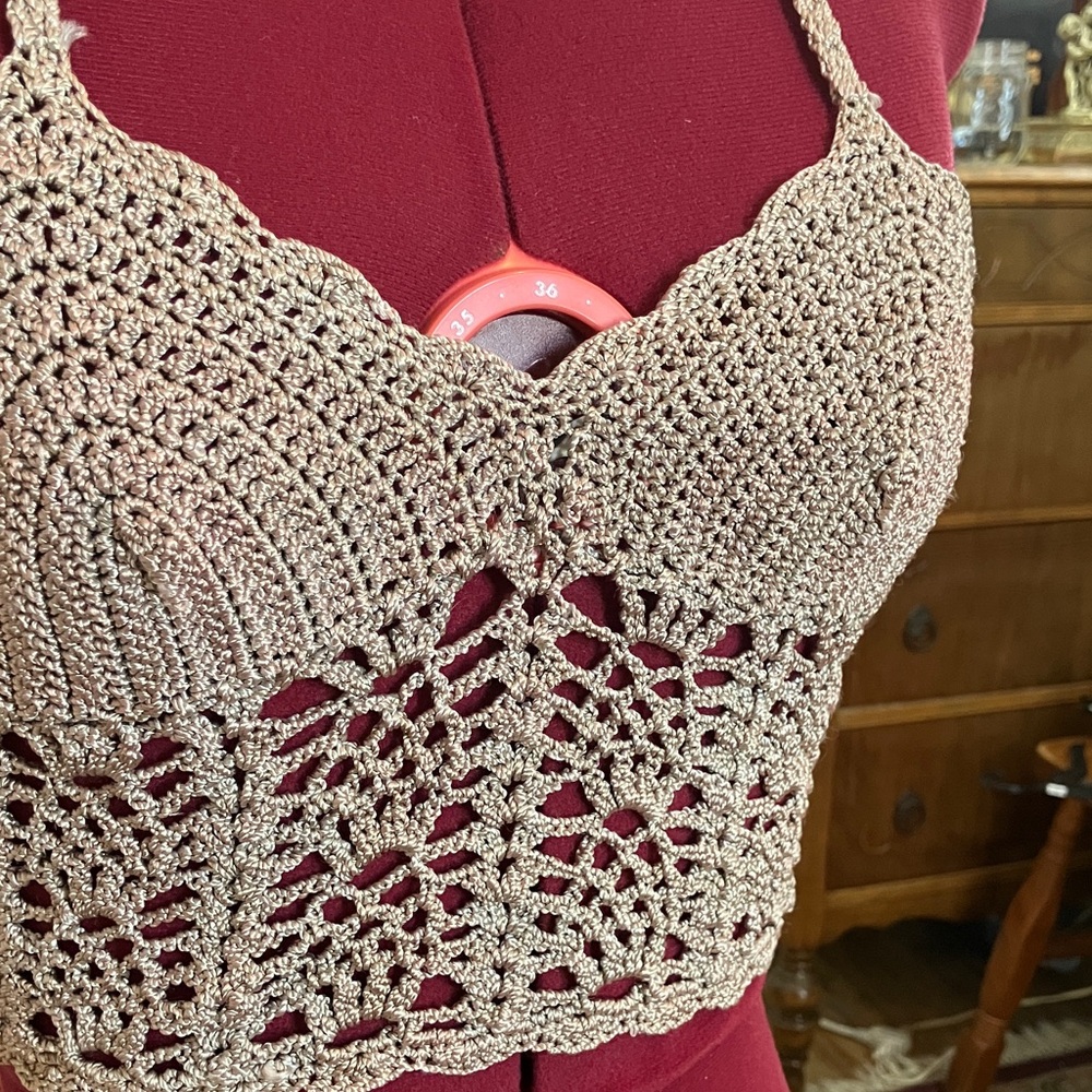 Vintage Y2K Parasuco Crochet Triangle Halter Top XS/S Scalloped Lace-Up Back - Picture 2 of 4
